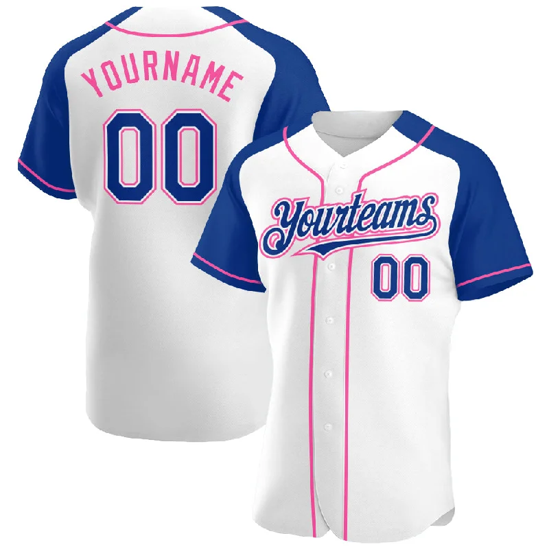 Baseball Jersey For Official Team Gear Orders-Custom White Royal-Pink Authentic Raglan Sleeves Baseball Jersey