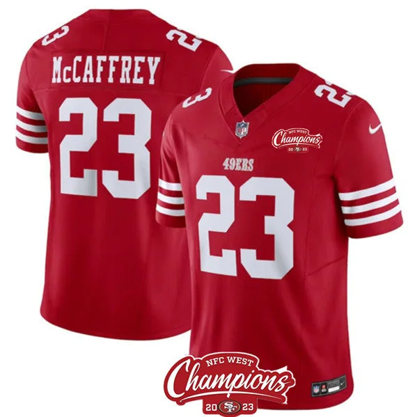 Football Jersey For Fundraising Campaigns-Men's San Francisco 49ers #23 Christian McCaffrey Red 2023 F.U.S.E. NFC West Champions Patch Football Stitched Jersey