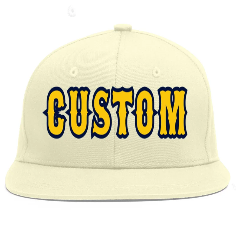 Baseball Cap For Custom Team Customization-Custom Cream Gold-Navy Flat Eaves Sport Baseball Cap