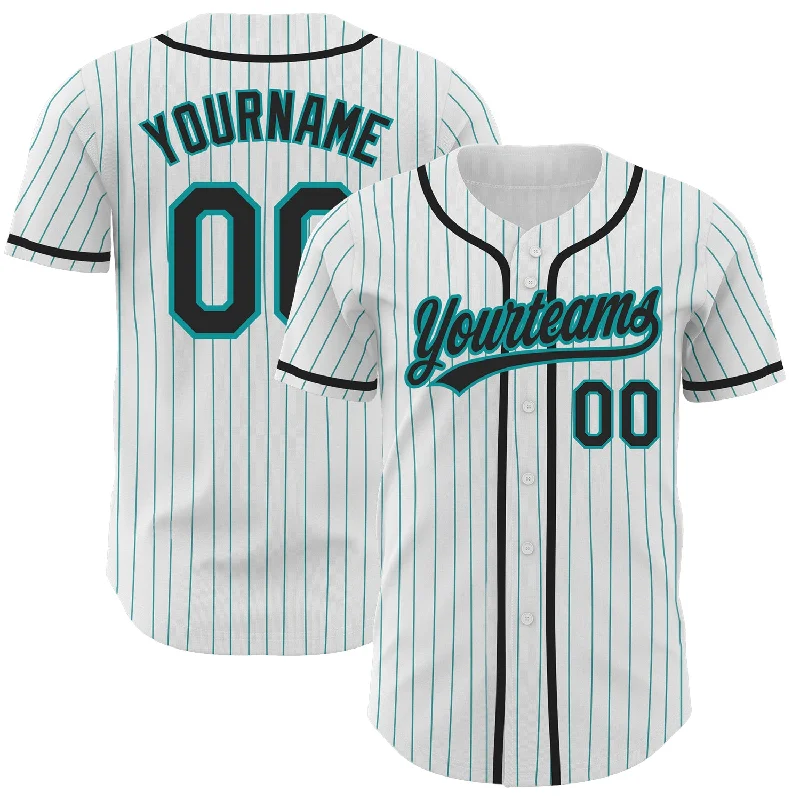 Baseball Jersey For Family Fan Orders-Custom White Teal Pinstripe Black Authentic Baseball Jersey