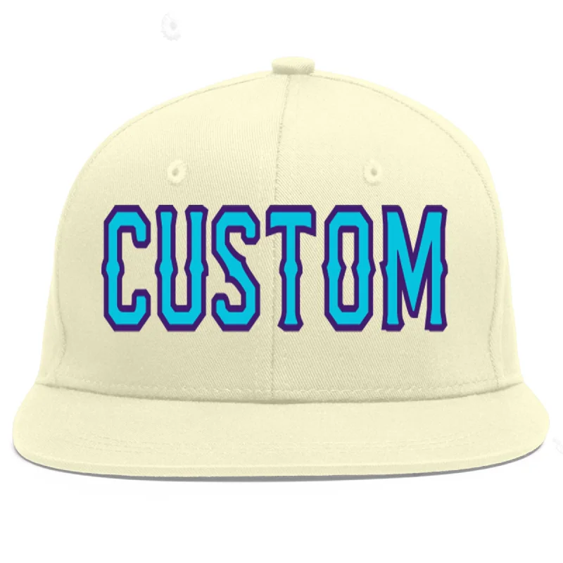 Baseball Cap With Custom Text-Custom Cream Light Blue-purple Flat Eaves Sport Baseball Cap