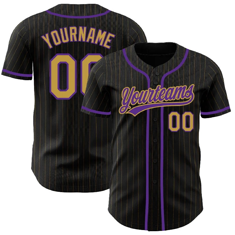 Baseball Jersey For Signature Fan Gear-Custom Black Old Gold Pinstripe Old Gold-Purple Authentic Baseball Jersey