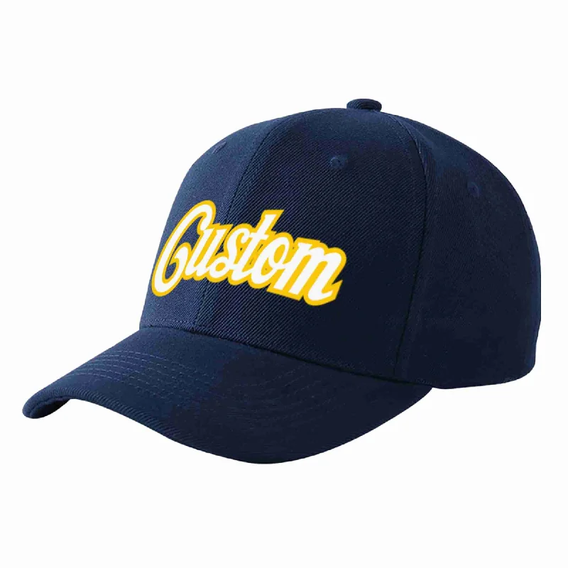 Baseball Cap For High-Quality Team Merchandise-Custom Navy White-Gold Curved Eaves Sport Baseball Cap Design for Men/Women/Youth