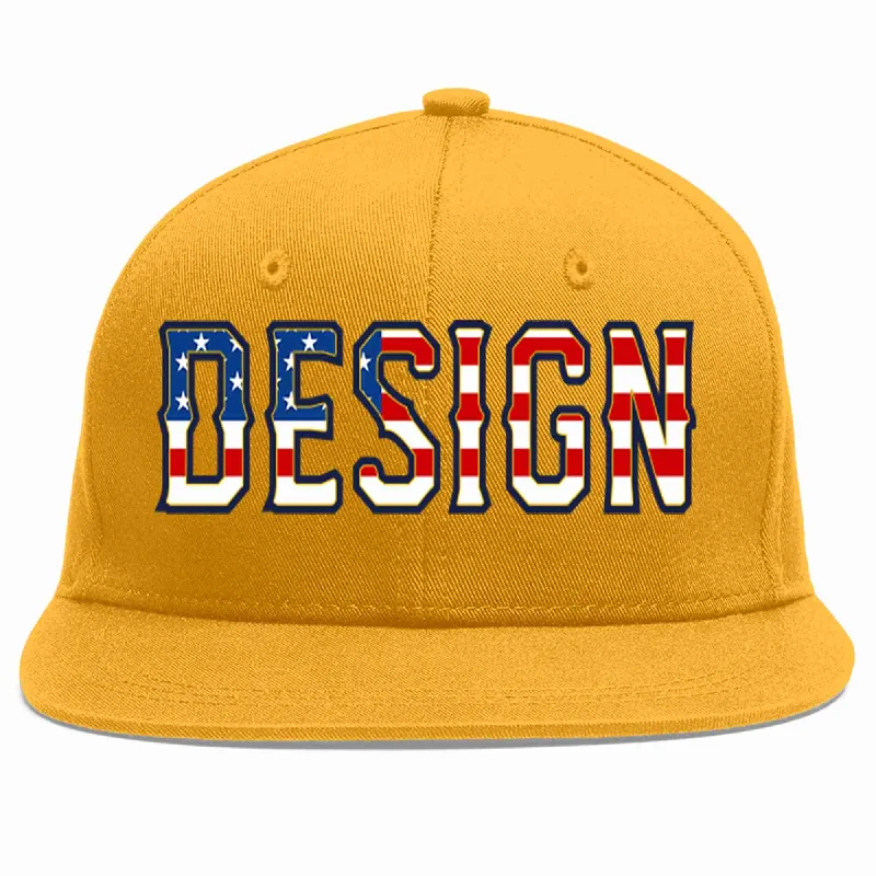 Baseball Cap With Custom Player Numbers-Custom Gold Vintage USA Flag-Gold Flat Eaves Sport Baseball Cap Design for Men/Women/Youth