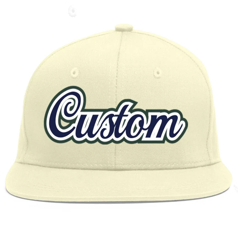 Baseball Cap For Softball Fan Gear-Custom Cream Navy-White Flat Eaves Sport Baseball Cap