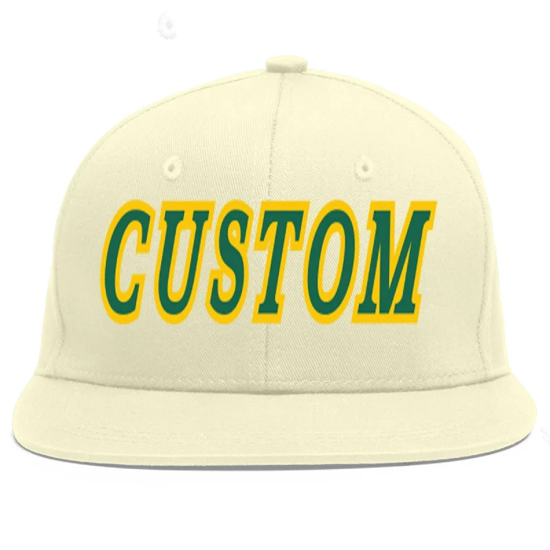 Baseball Cap For Special Events-Custom Cream Kelly Green-Gold Flat Eaves Sport Baseball Cap