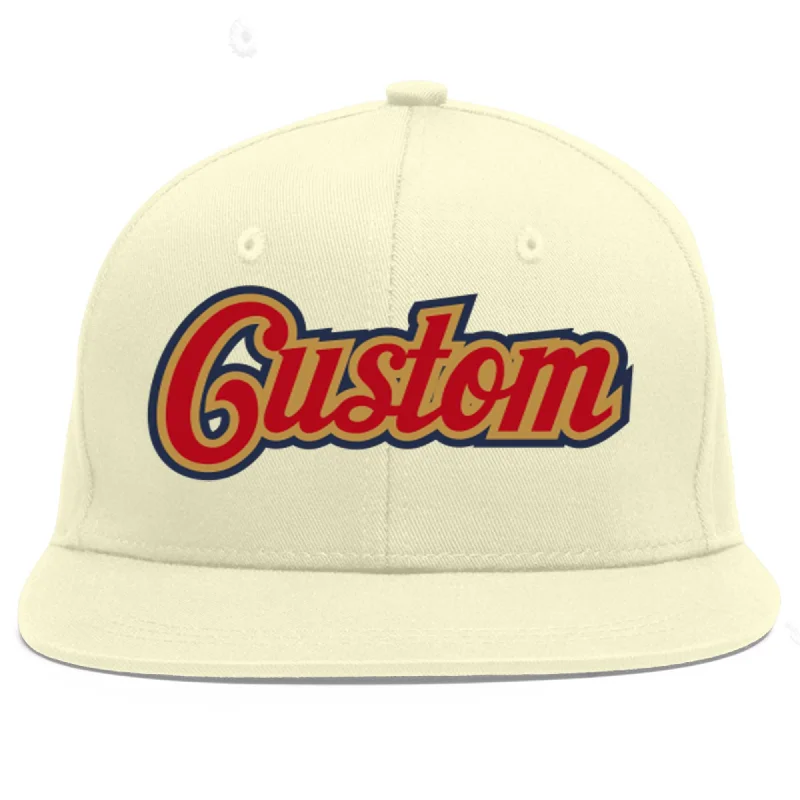 Baseball Cap With Custom Team Names-Custom Cream Red-Old Gold Flat Eaves Sport Baseball Cap