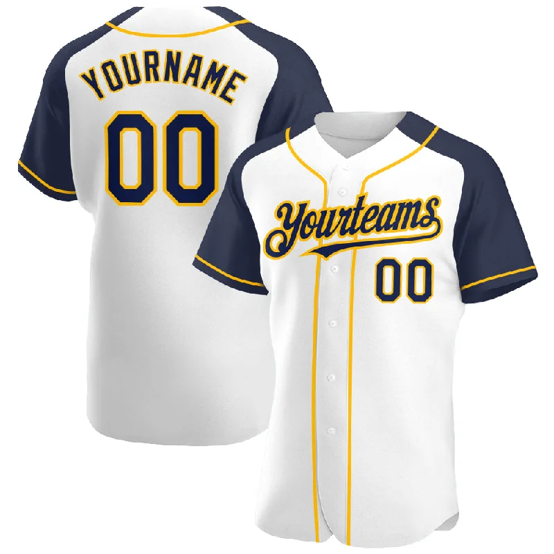 Baseball Jersey For College Teams-Custom White Navy-Gold Authentic Raglan Sleeves Baseball Jersey