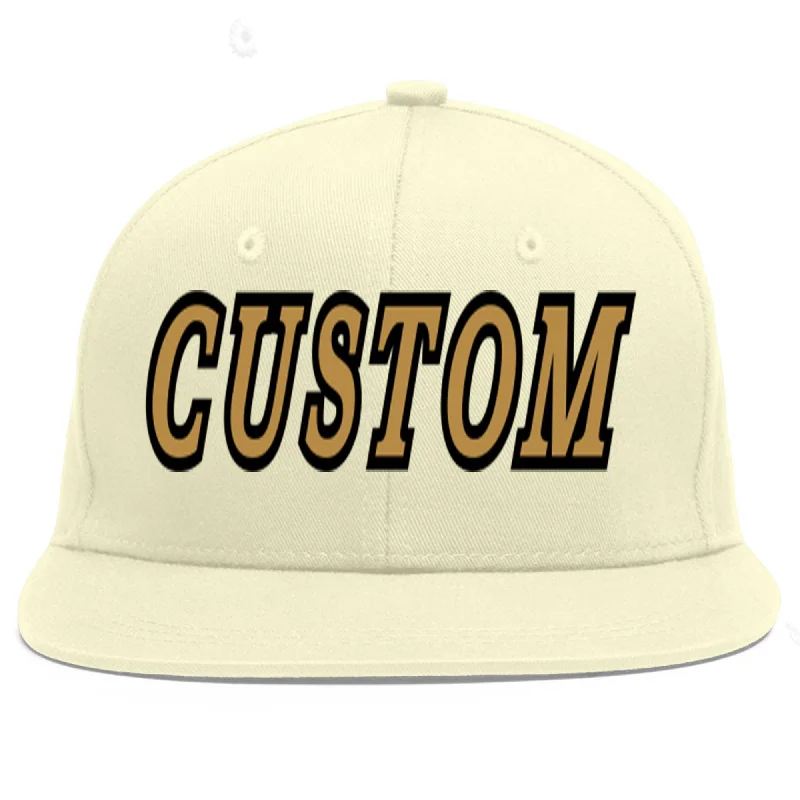 Baseball Cap For College Teams-Custom Cream Old Gold-Black Flat Eaves Sport Baseball Cap