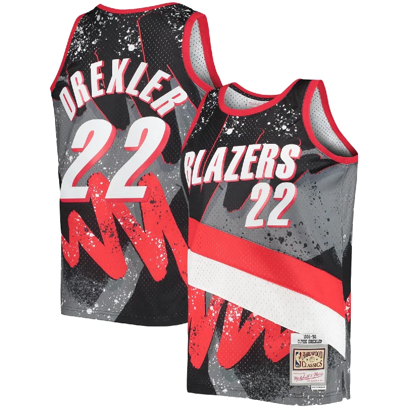 Basketball Jersey For Customized School Fan Gear-Clyde Drexler Portland Trail Blazers Hardwood Classics 1991/92 Hyper Hoops Swingman Basketball Jersey - Black