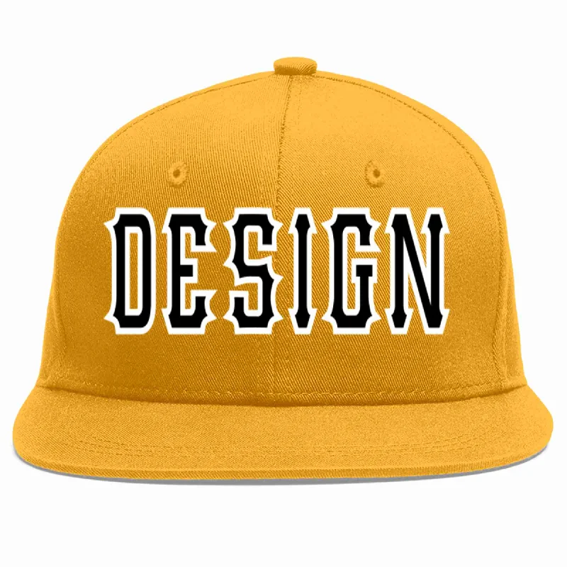 Baseball Cap For College Merchandise Sales-Custom Gold Black-White Flat Eaves Sport Baseball Cap Design for Men/Women/Youth