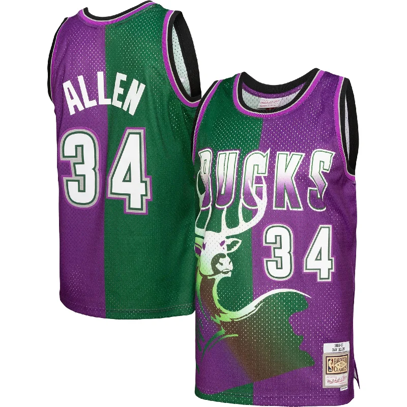 Basketball Jersey For Event Fundraising-Ray Allen Milwaukee Bucks Hardwood Classics 1996/97 Split Swingman Basketball Jersey - Green/purple