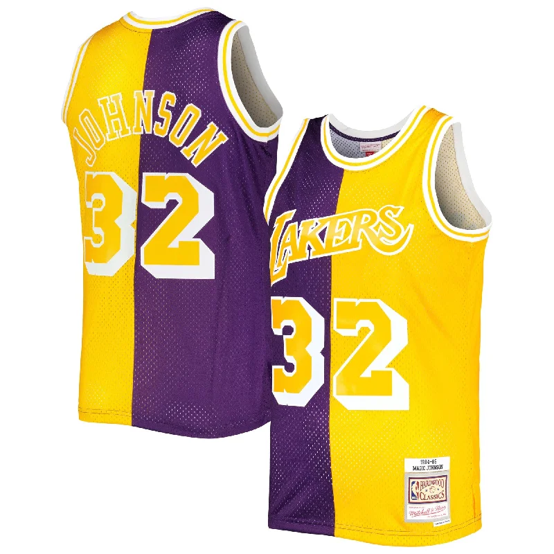 Basketball Jersey For Custom Family Orders-Magic Johnson Los Angeles Lakers Hardwood Classics 1984/85 Split Swingman Basketball Jersey - Purple/gold