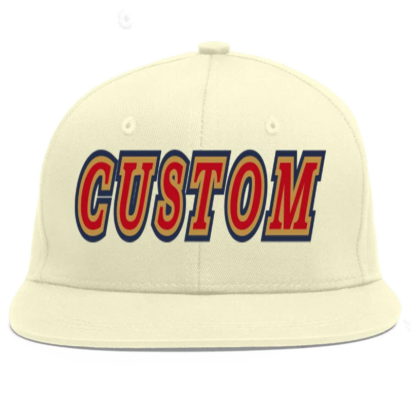 Baseball Cap With Custom Numbering-Custom Cream Red-Old Gold Flat Eaves Sport Baseball Cap