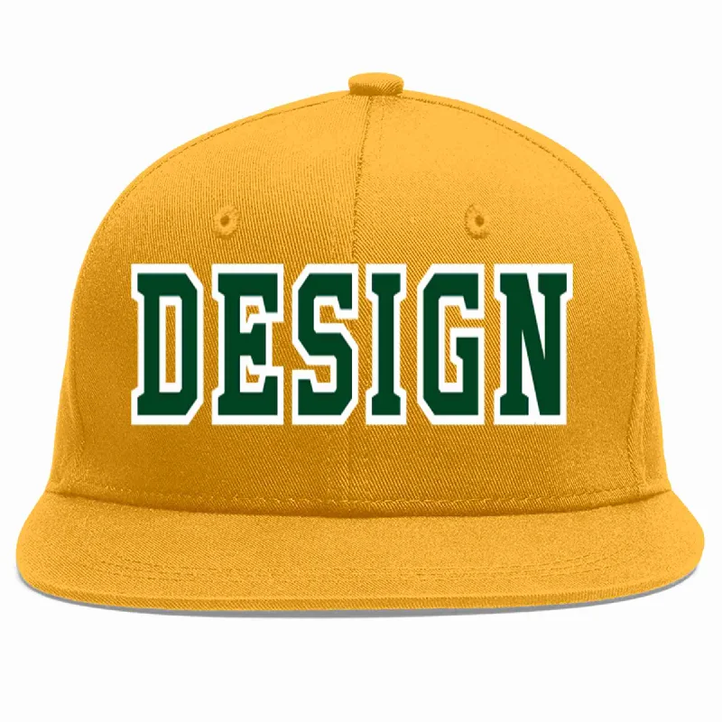 Baseball Cap For Official Merchandise-Custom Gold Green-White Flat Eaves Sport Baseball Cap Design for Men/Women/Youth