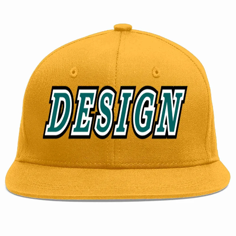 Baseball Cap For Personalized Limited Edition-Custom Gold Aqua-White Flat Eaves Sport Baseball Cap Design for Men/Women/Youth