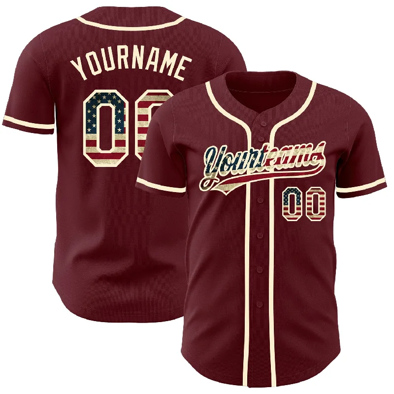 Baseball Jersey For High-Quality Customization-Custom Burgundy Vintage USA Flag-Cream Authentic Baseball Jersey