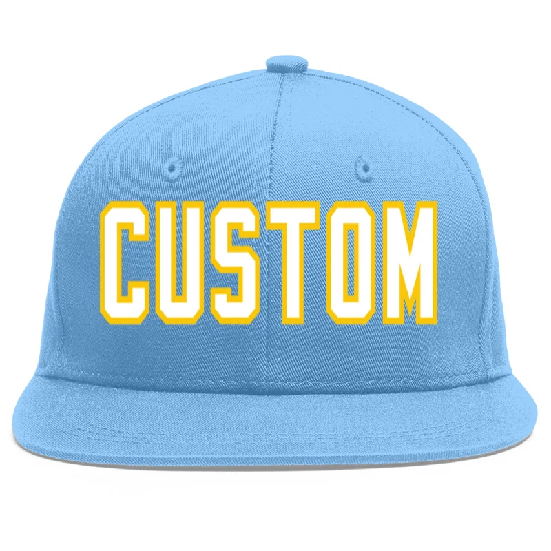 Baseball Cap For Custom Merchandise Orders-Custom Light Blue White-Gold Flat Eaves Sport Baseball Cap