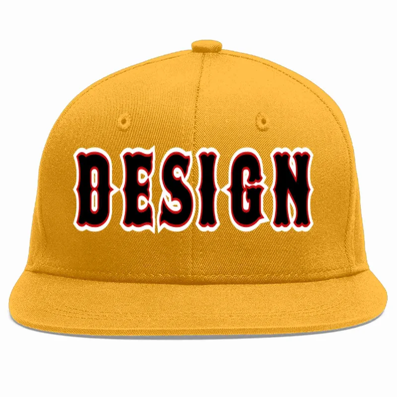 Baseball Cap For Team Recognition-Custom Gold Black-Red Flat Eaves Sport Baseball Cap Design for Men/Women/Youth