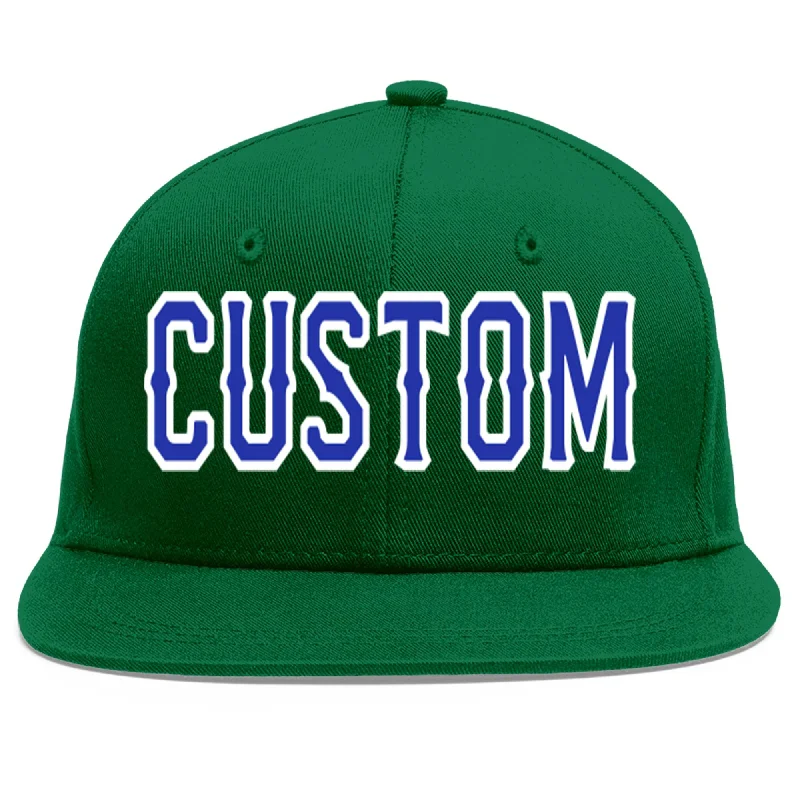 Baseball Cap With Custom Text-Custom Green Royal-White Flat Eaves Sport Baseball Cap