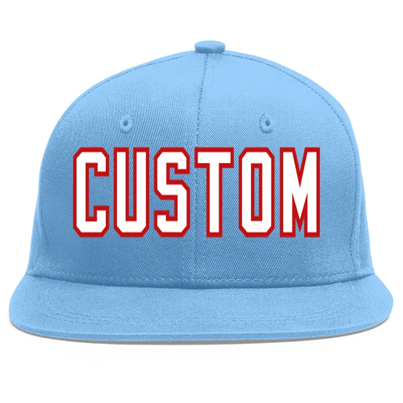 Baseball Cap With Player Signature Embroidery-Custom Light Blue White-Red Flat Eaves Sport Baseball Cap