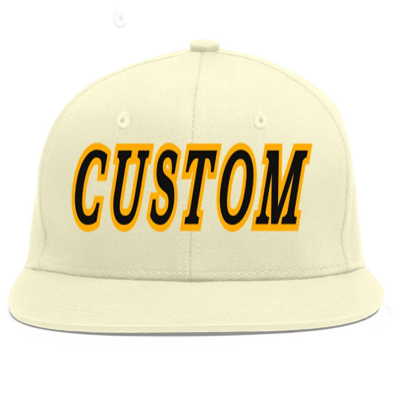 Baseball Cap With Custom Embroidery-Custom Cream Black-Yellow Flat Eaves Sport Baseball Cap