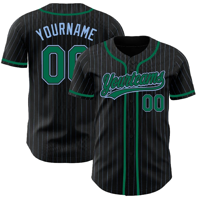 Baseball Jersey For Personalized School Orders-Custom Black Light Blue Pinstripe Kelly Green Authentic Baseball Jersey