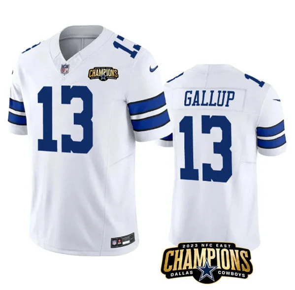 Football Jersey For Softball Tournament Gear-Men's Dallas Cowboys #13 Michael Gallup White 2023 F.U.S.E. NFC East Champions Patch Football Stitched Jersey