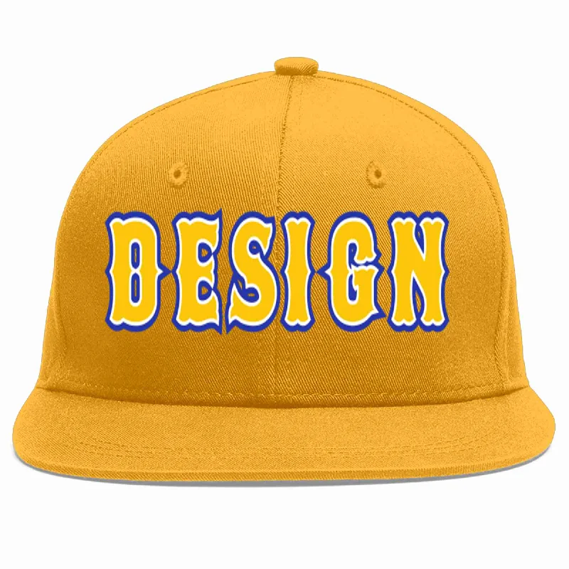 Baseball Cap For Tournament Teams-Custom Gold Gold-White Flat Eaves Sport Baseball Cap Design for Men/Women/Youth