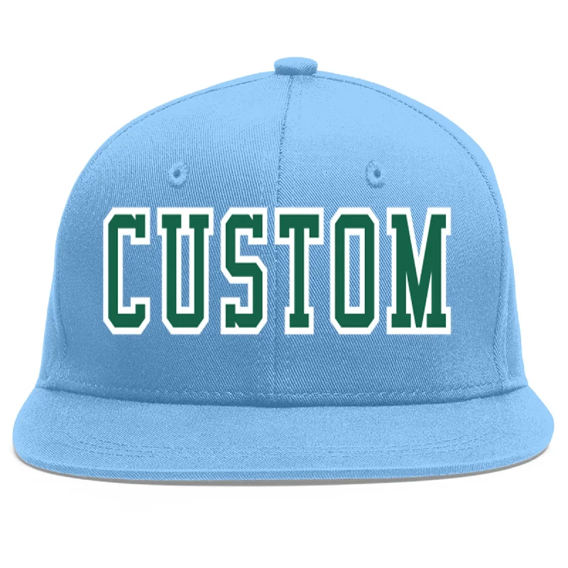 Baseball Cap For Promotional Team Sales-Custom Light Blue Kelly Green-White Flat Eaves Sport Baseball Cap