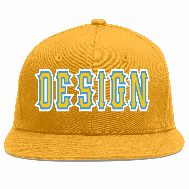 Baseball Cap For Football Game Day-Custom Gold Gold-Powder Blue Flat Eaves Sport Baseball Cap Design for Men/Women/Youth