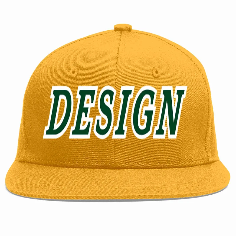 Custom Baseball Cap-Custom Gold Green-White Flat Eaves Sport Baseball Cap Design for Men/Women/Youth