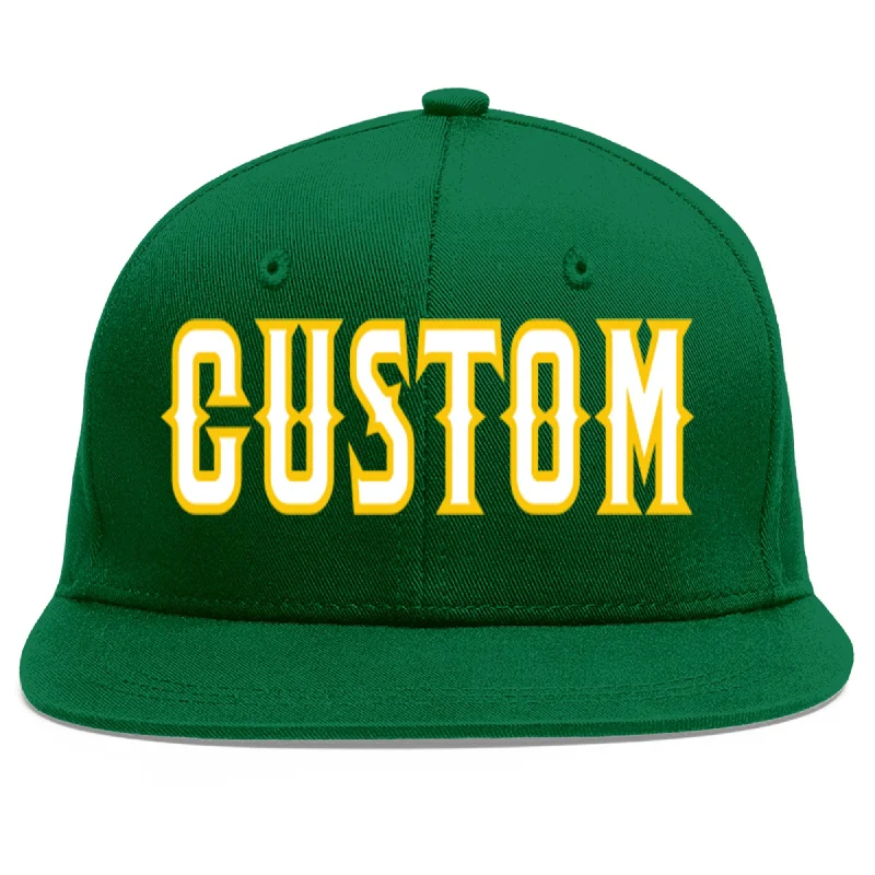 Baseball Cap For Event Customization-Custom Green White-Gold Flat Eaves Sport Baseball Cap