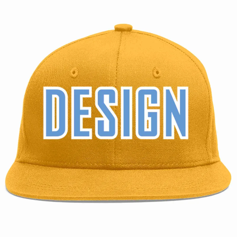 Baseball Cap For Official Merchandise Customization-Custom Gold Light Blue-White Flat Eaves Sport Baseball Cap Design for Men/Women/Youth