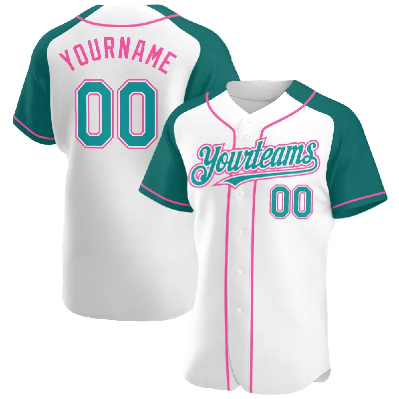 Baseball Jersey For Personalized Sports Merchandise-Custom White Teal-Pink Authentic Raglan Sleeves Baseball Jersey