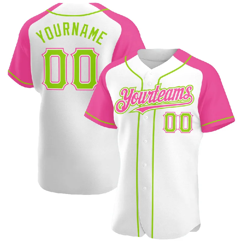 Baseball Jersey For Fan Apparel-Custom White Neon Green-Pink Authentic Raglan Sleeves Baseball Jersey