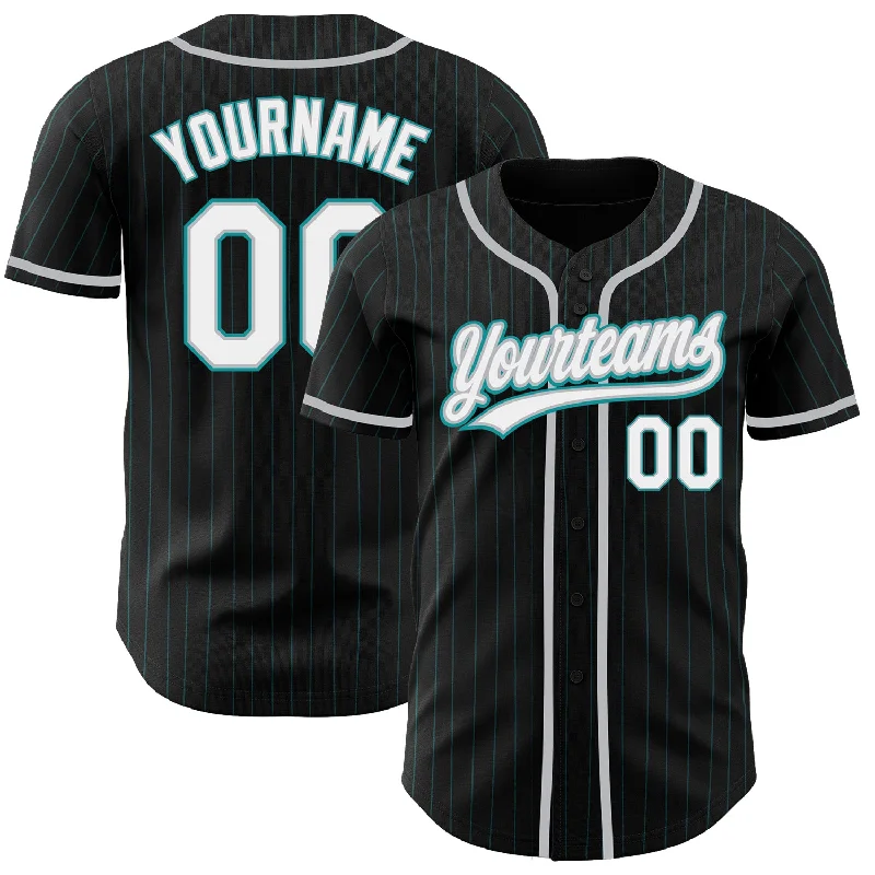 Baseball Jersey For Softball Fan Apparel-Custom Black Teal Pinstripe White-Gray Authentic Baseball Jersey