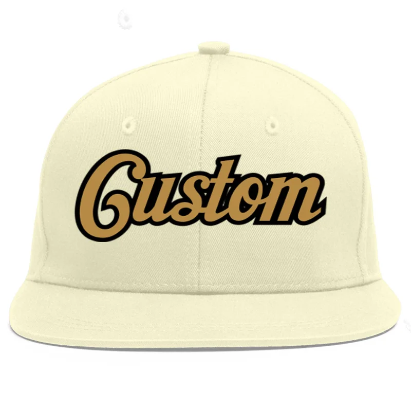 Baseball Cap For Softball Player Gear-Custom Cream Old Gold-Black Flat Eaves Sport Baseball Cap