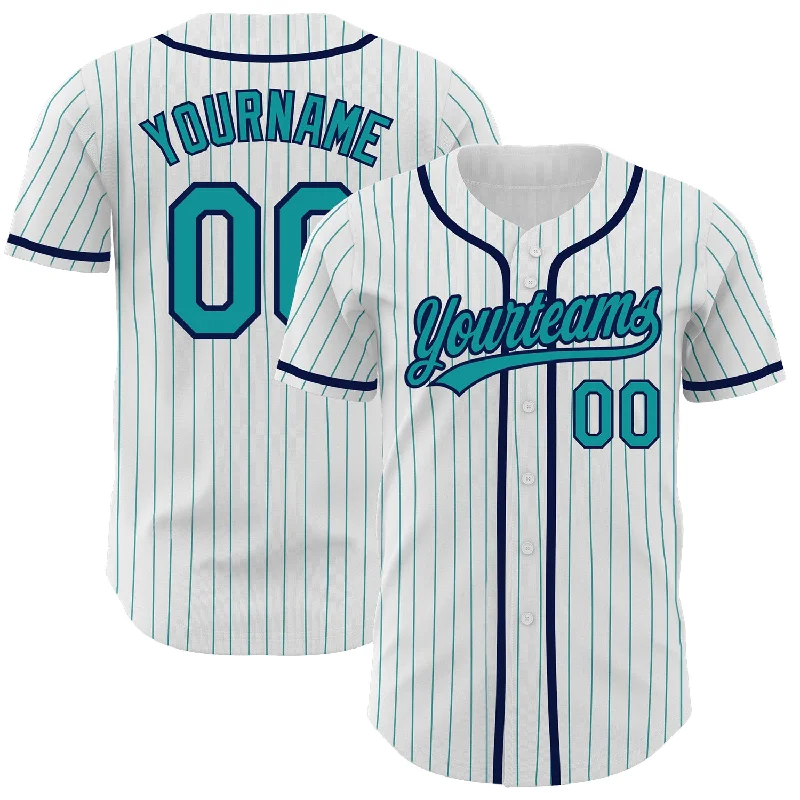 Baseball Jersey For Team Recognition-Custom White Teal Pinstripe Teal-Navy Authentic Baseball Jersey