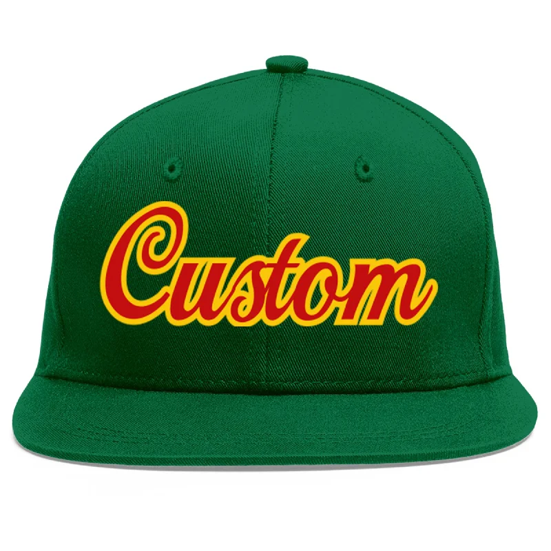 Baseball Cap For Softball Fan Gear-Custom Green Red-Yellow Flat Eaves Sport Baseball Cap