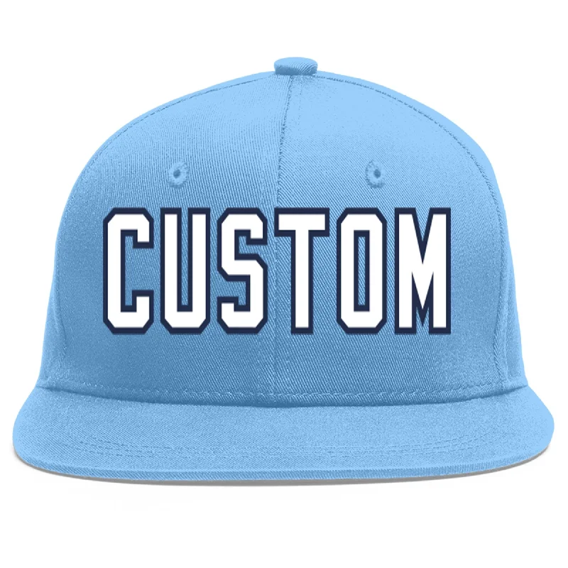 Baseball Cap For Promotional Team Events-Custom Light Blue White-Navy Flat Eaves Sport Baseball Cap