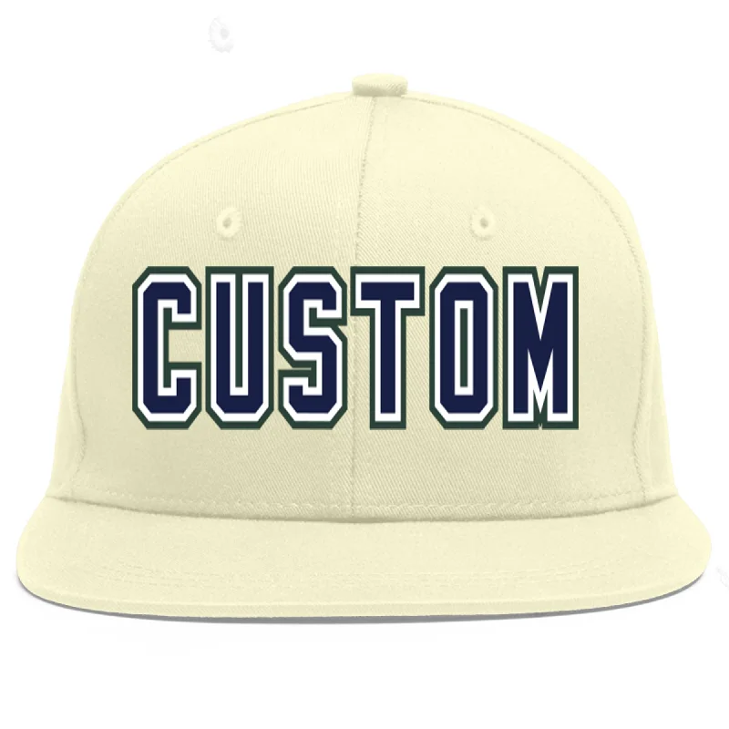 Baseball Cap For Tournament Fan Gear-Custom Cream Navy-White Flat Eaves Sport Baseball Cap