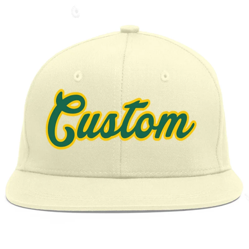 Baseball Cap For Fundraising Merchandise-Custom Cream Kelly Green-Gold Flat Eaves Sport Baseball Cap