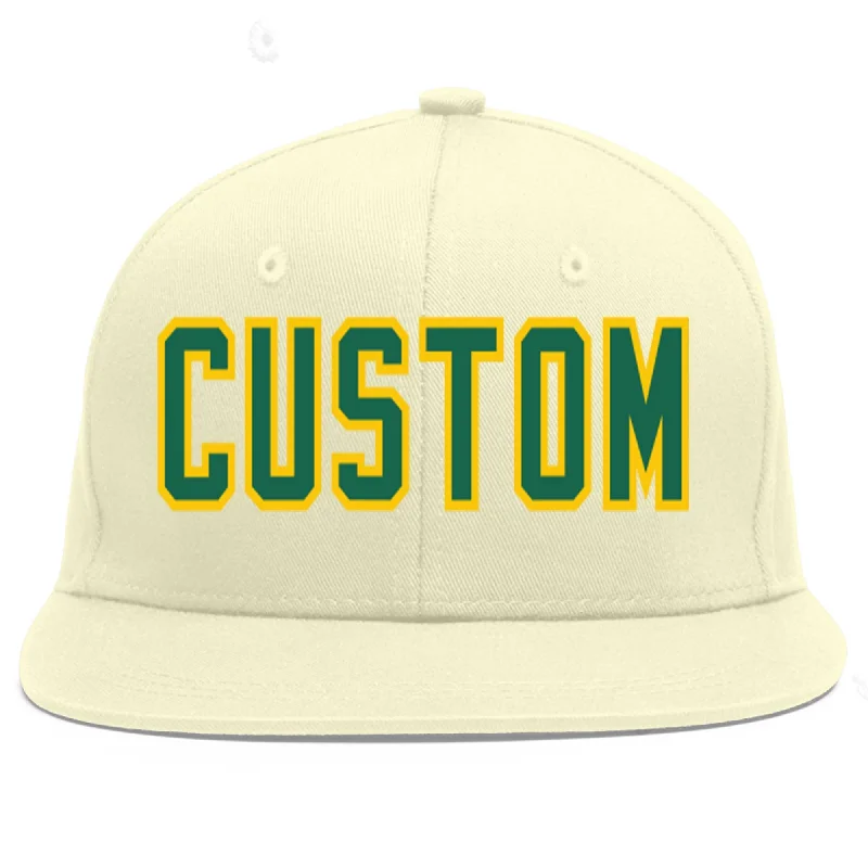 Baseball Cap For Custom School Spirit Gear-Custom Cream Kelly Green-Gold Flat Eaves Sport Baseball Cap