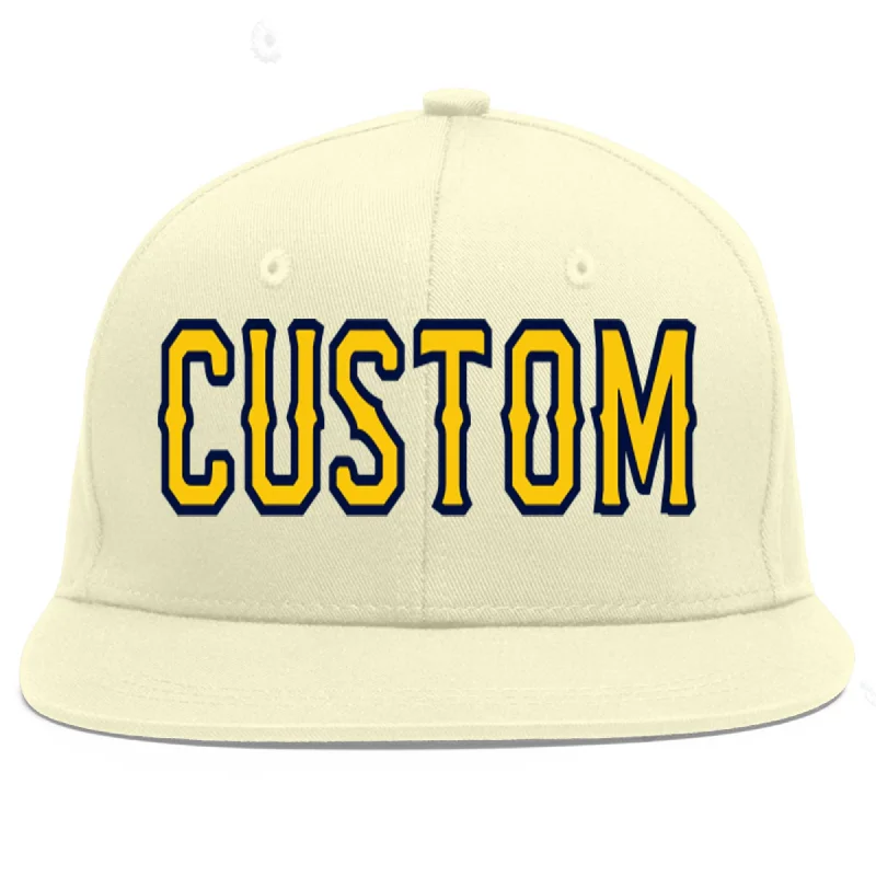 Baseball Cap With Custom Stitching-Custom Cream Gold-Navy Flat Eaves Sport Baseball Cap