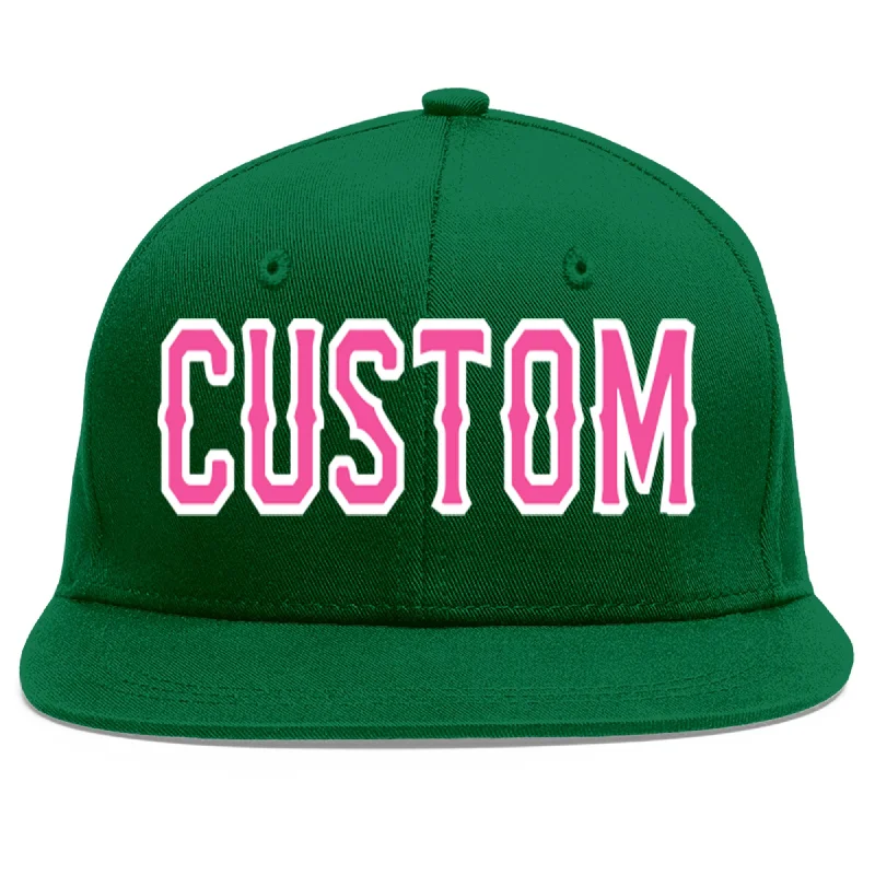 Baseball Cap With Embroidered Team Names-Custom Green Pink-White Flat Eaves Sport Baseball Cap