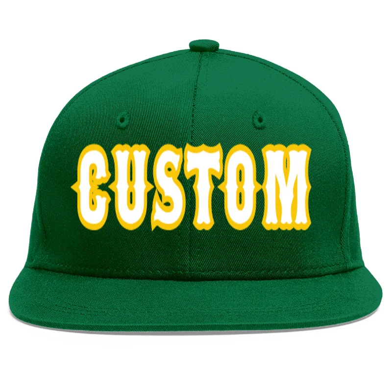 Baseball Cap For Player Custom Orders-Custom Green White-Gold Flat Eaves Sport Baseball Cap