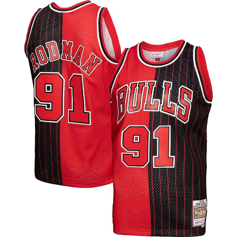 Personalized Basketball Jersey-Dennis Rodman Chicago Bulls Big & Tall Hardwood Classics 1995/96 Split Swingman Basketball Jersey - Red/black